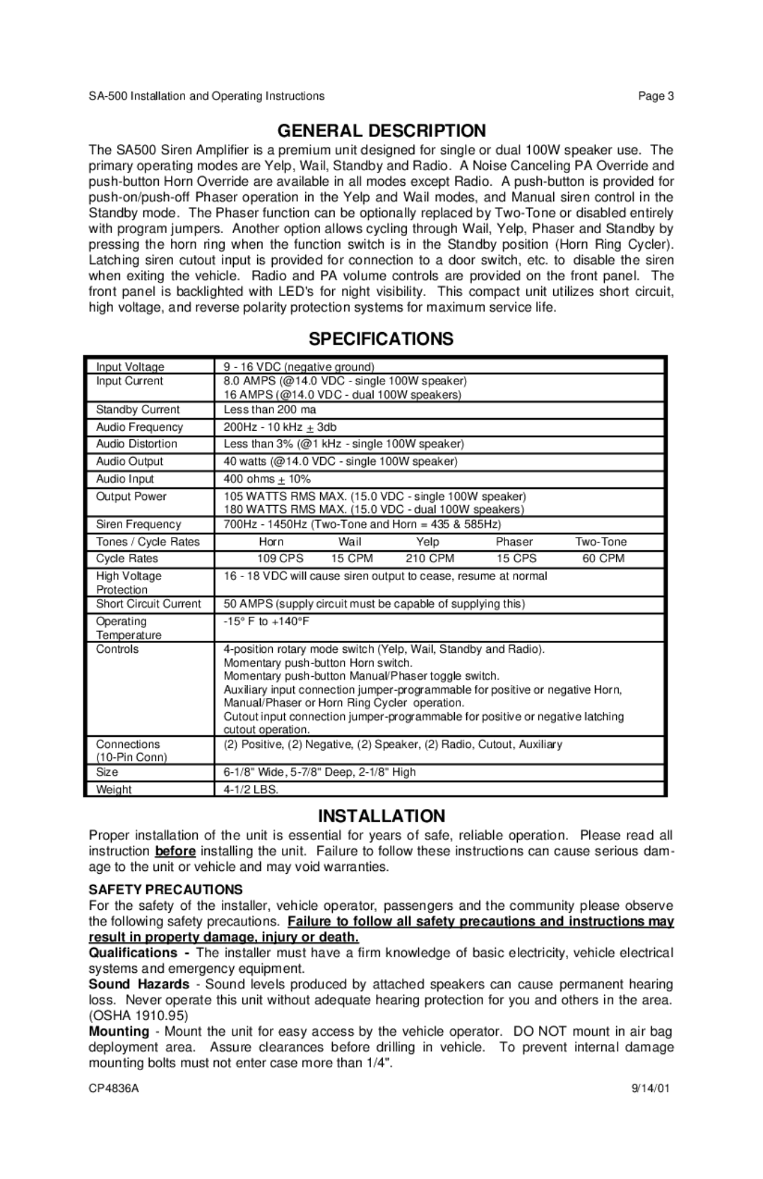 Carson Optical SA-500 manual General Description, Specifications, Installation, Safety Precautions 