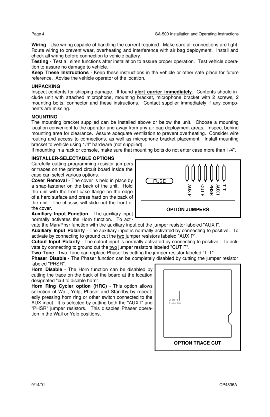 Carson Optical SA-500 manual Unpacking, Mounting, INSTALLER-SELECTABLE Options, Option Jumpers, Option Trace CUT 