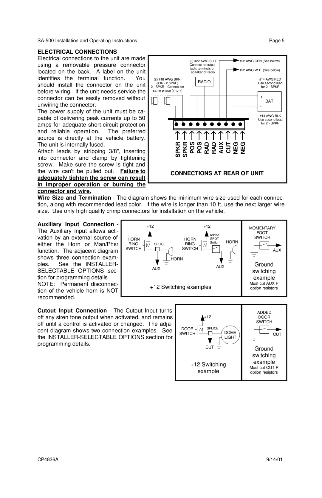 Carson Optical SA-500 manual Electrical Connections, Spkr Spkr POS POS RAD RAD AUX CUT NEG NEG, Connections AT Rear of Unit 