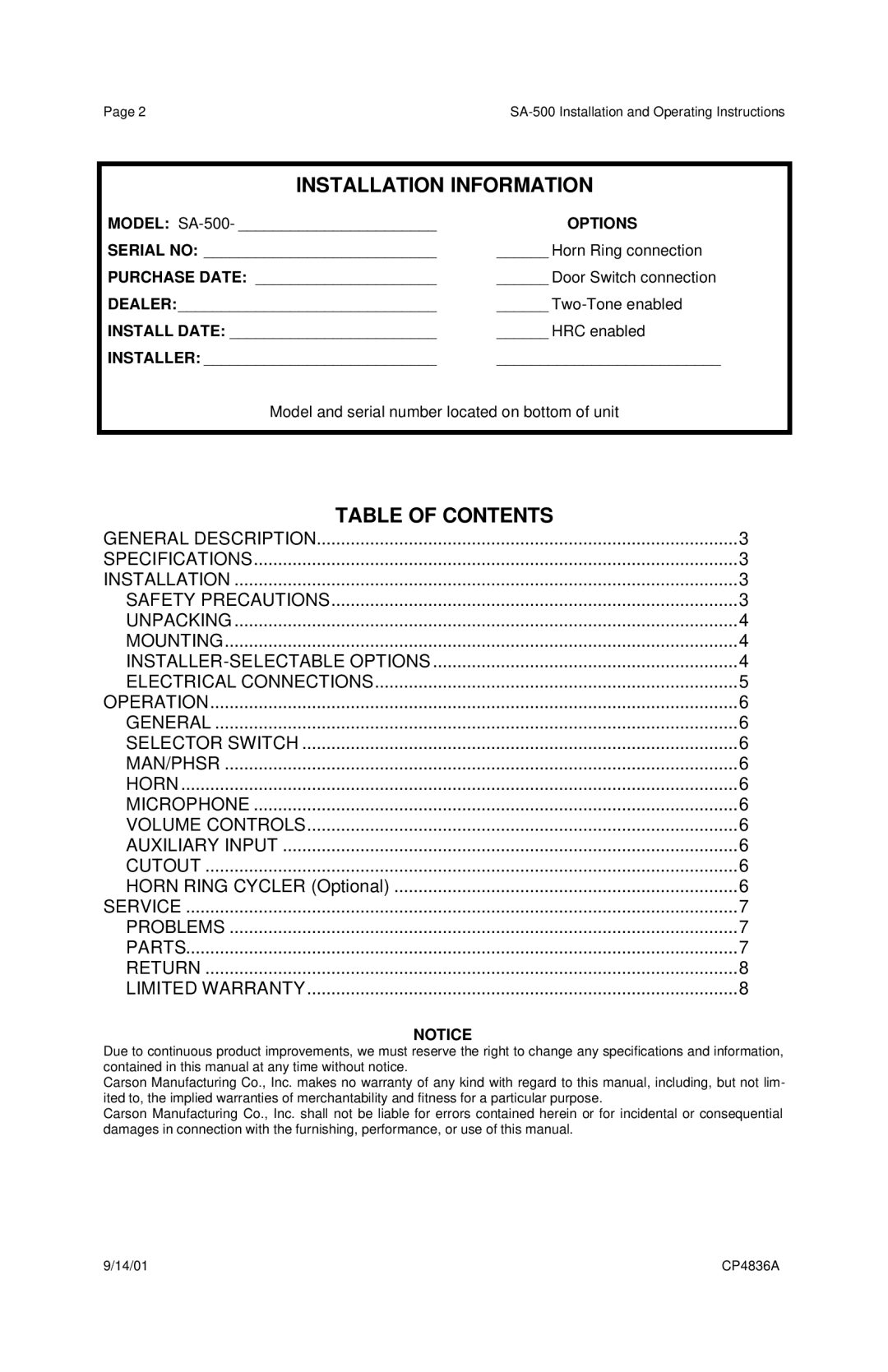Carson Optical SA-500 manual Installation Information, Table Of Contents 