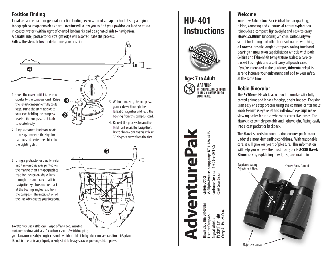 Carson Optical SBC SC368 manual AdventurePak, Position Finding, Ages 7 to Adult, Welcome, Robin Binocular 