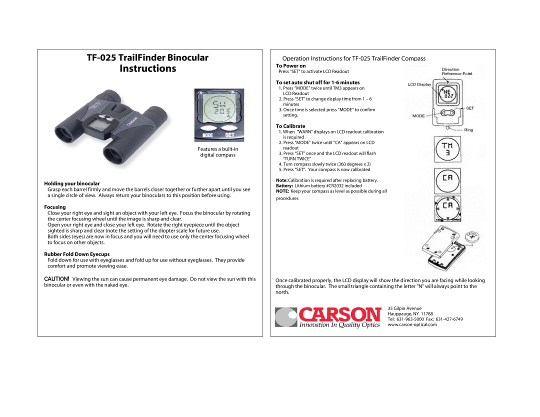 Carson Optical manual Operation Instructions for TF-025 TrailFinder Compass 