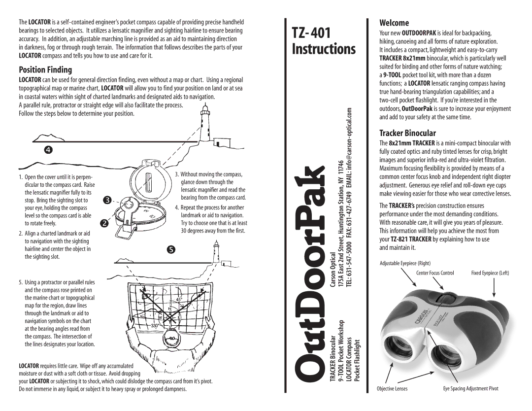 Carson Optical TZ-401 manual TZ- 401 Instructions, Welcome, Tracker Binocular 