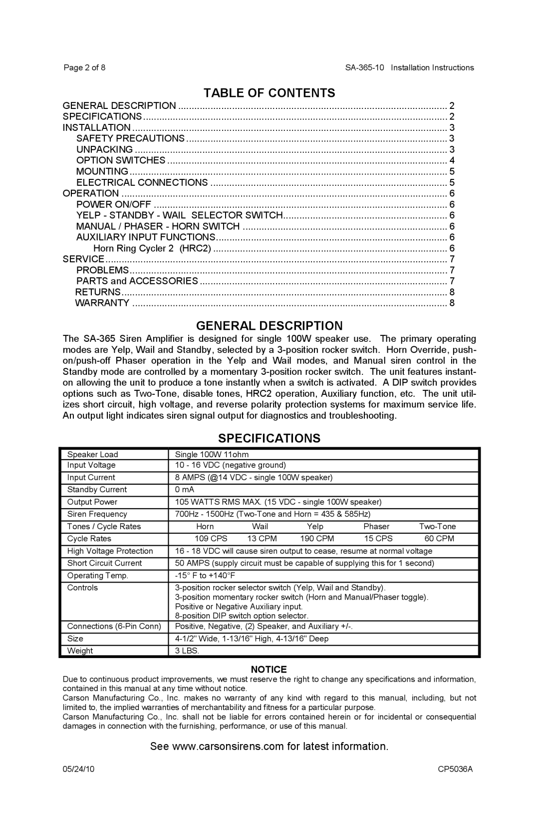 Carson SA-365-10 operating instructions Table of Contents, General Description, Specifications 