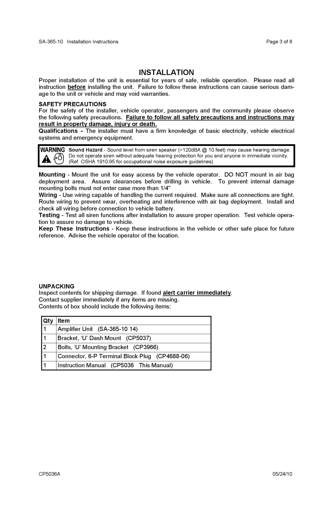 Carson SA-365-10 operating instructions Installation, Safety Precautions, Unpacking, Qty 