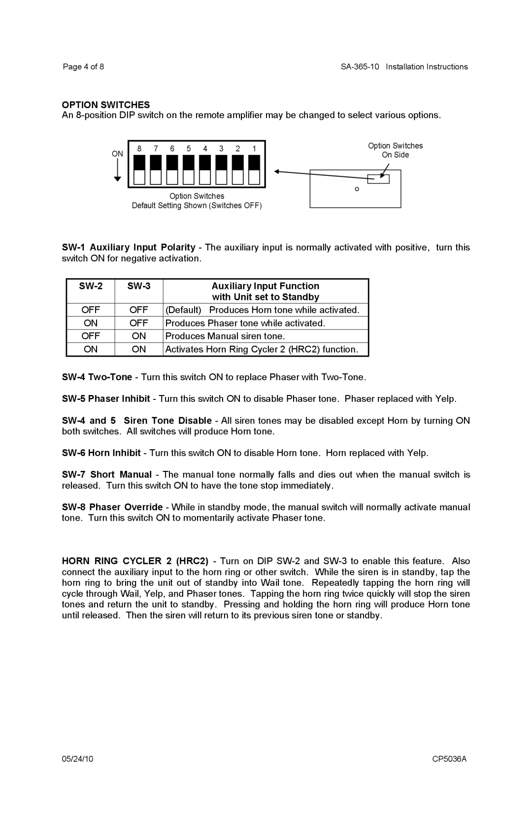 Carson SA-365-10 operating instructions Option Switches, SW-2 SW-3 Auxiliary Input Function With Unit set to Standby 