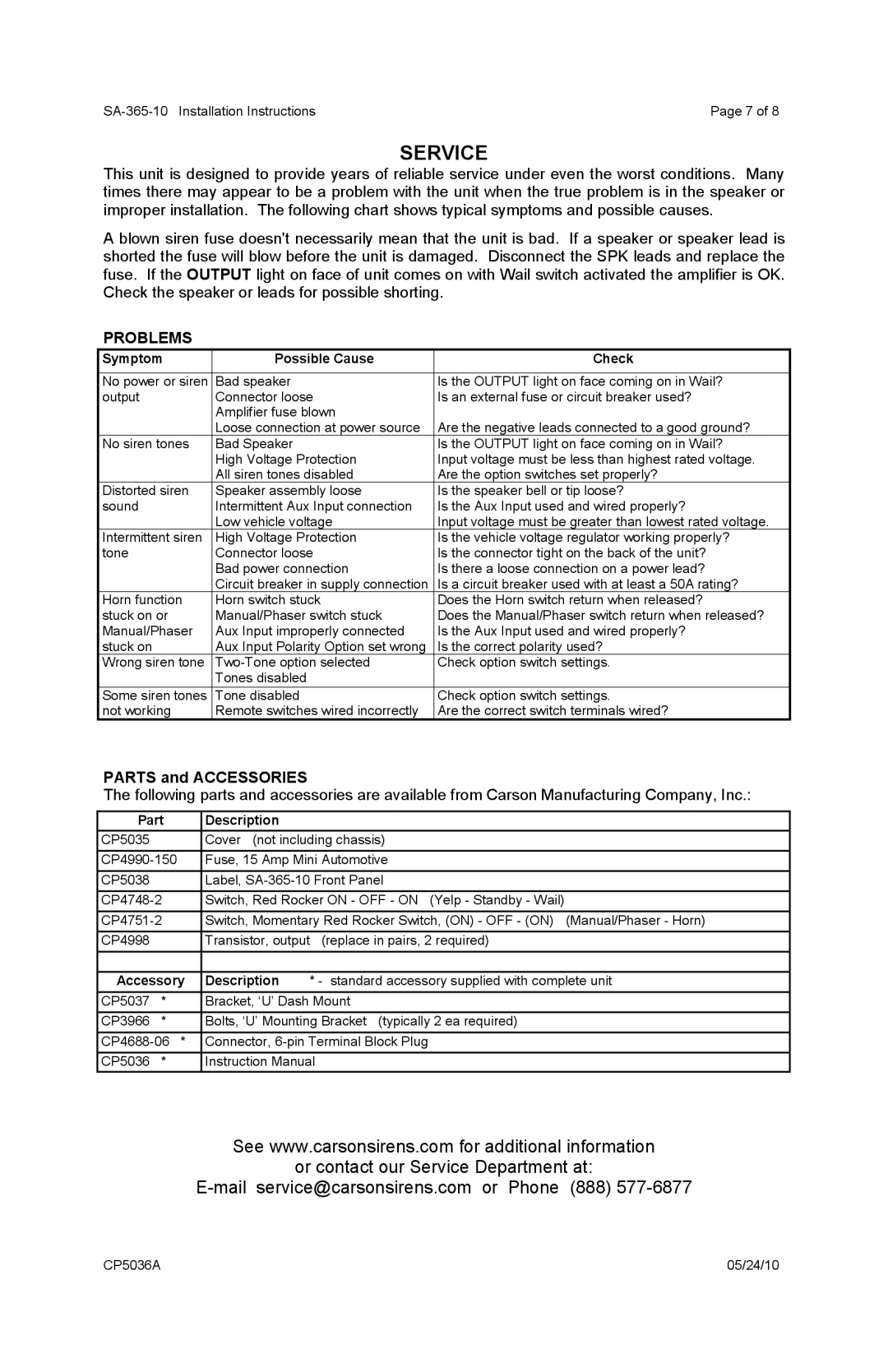 Carson SA-365-10 operating instructions Service, Problems, Parts and Accessories 