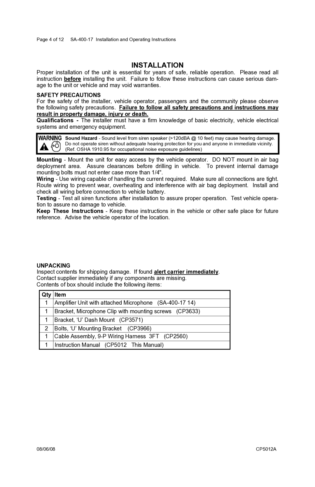 Carson SA-400-17 manual Installation, Safety Precautions, Unpacking, Qty 