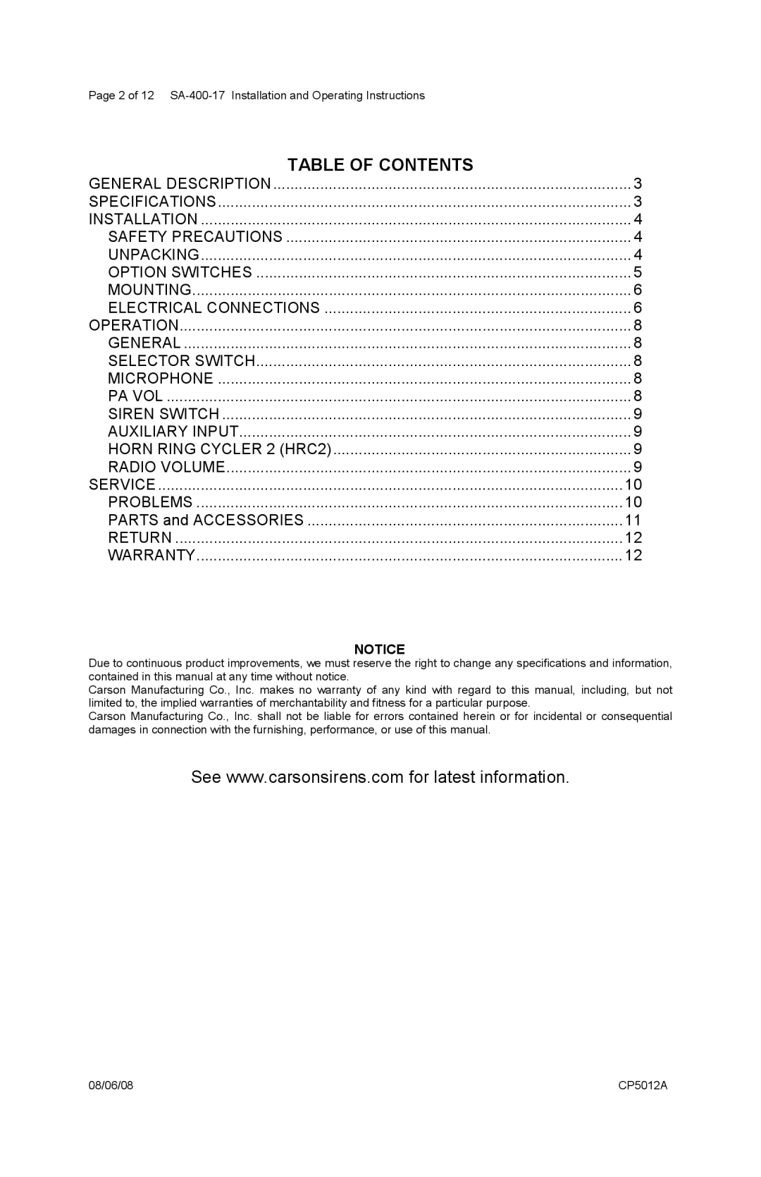 Carson SA-400-17 manual Table Of Contents 