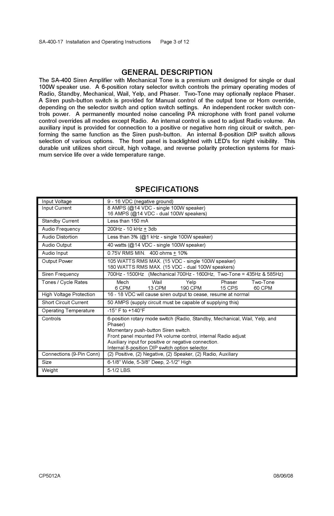 Carson SA-400-17 manual General Description, Specifications 