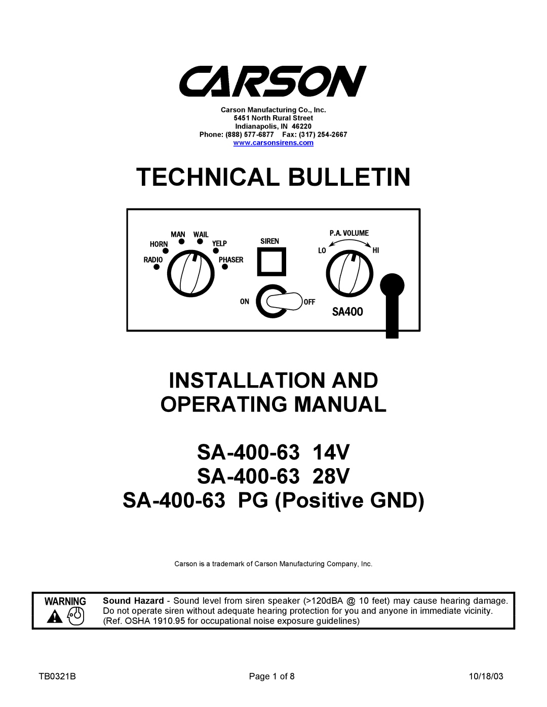 Carson SA-400-63 28V, SA-400-63 PG, SA-400-63 14V manual Technical Bulletin 