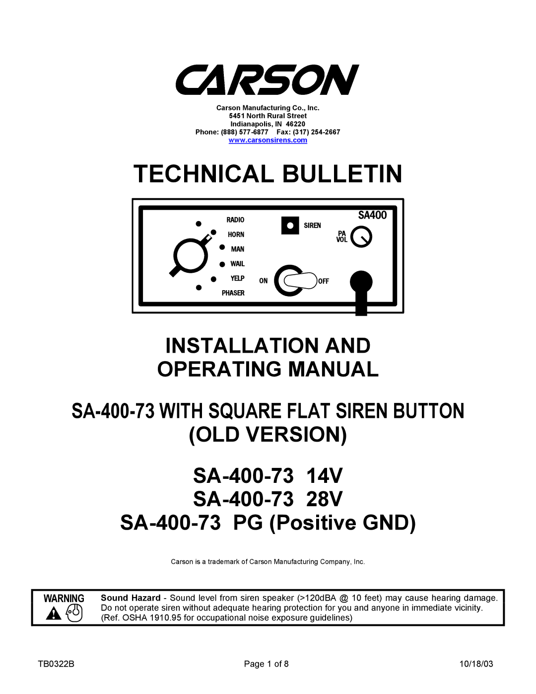 Carson SA-400-73 PG, SA-400-73 14V, SA-400-73 28V manual Technical Bulletin 