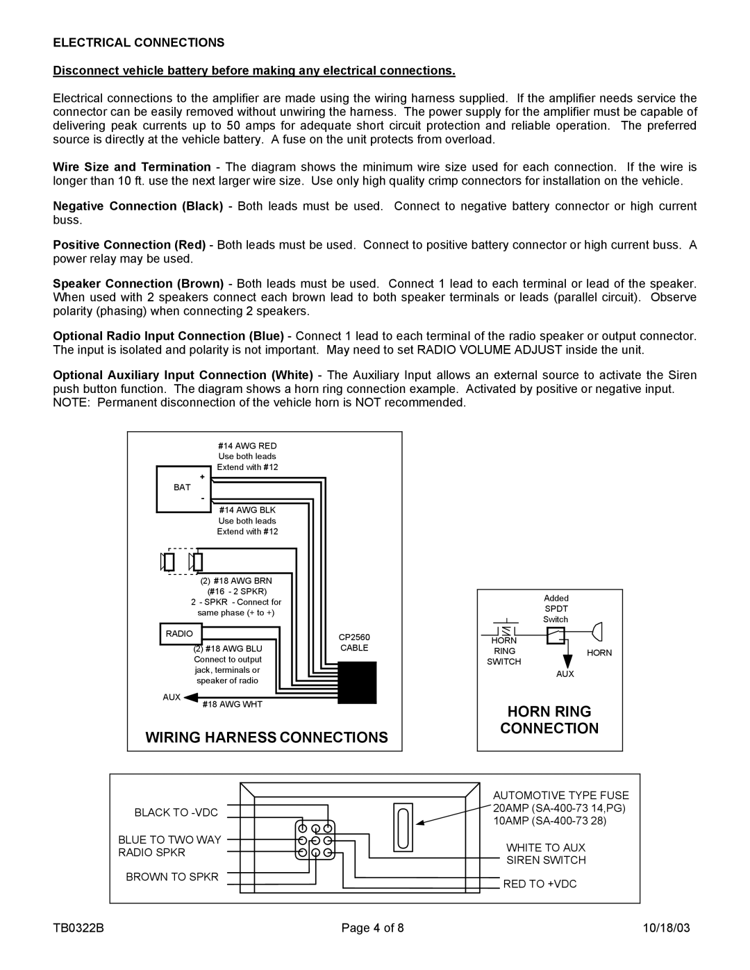 Carson SA-400-73 PG, SA-400-73 14V, SA-400-73 28V manual Wiring Harness Connections, Electrical Connections 