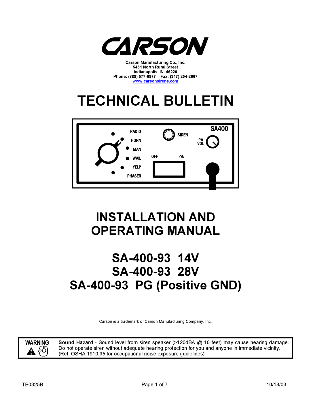 Carson SA-400-93 PG, SA-400-93 14V, SA-400-93 28V manual Technical Bulletin 