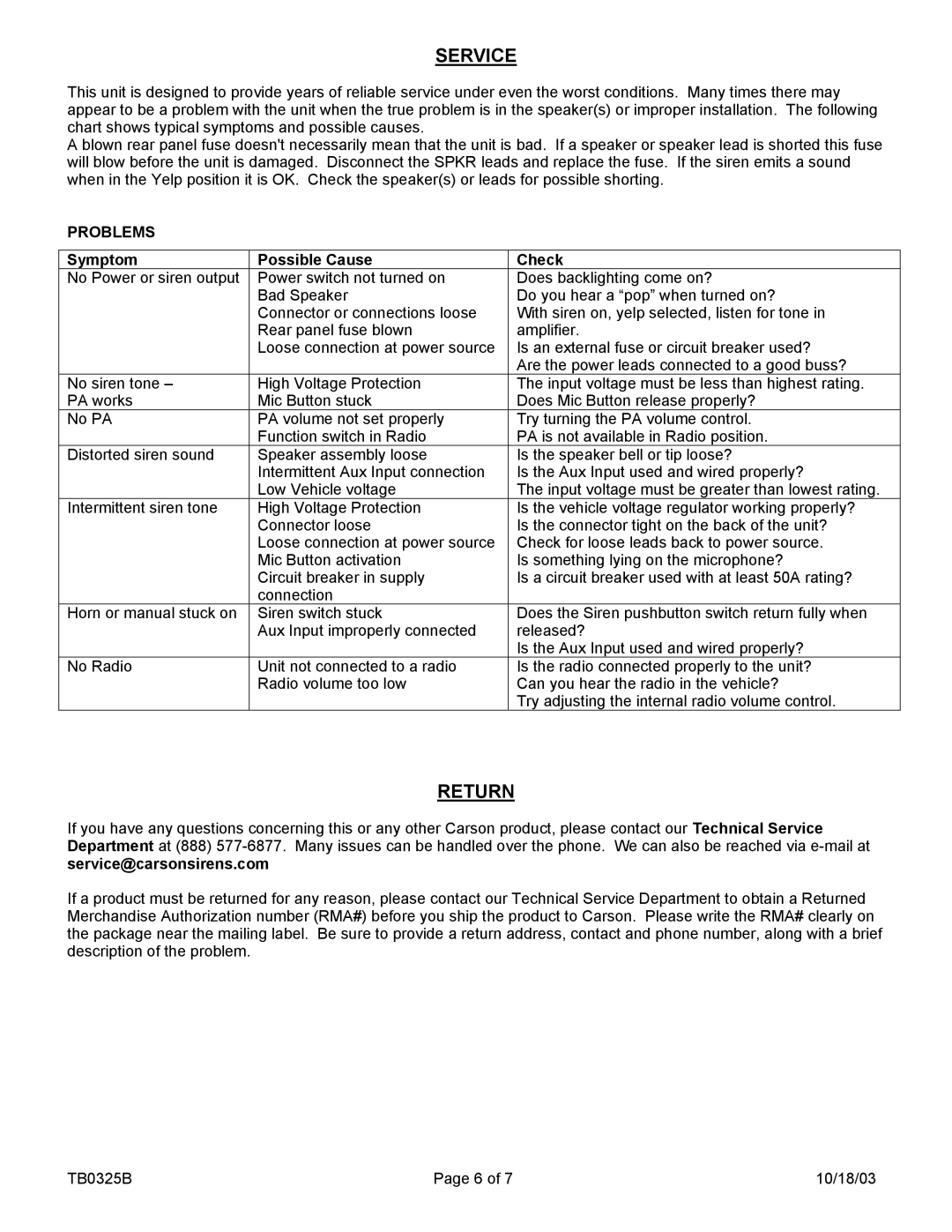 Carson SA-400-93 14V, SA-400-93 PG, SA-400-93 28V manual Service, Return, Problems, Symptom Possible Cause Check 