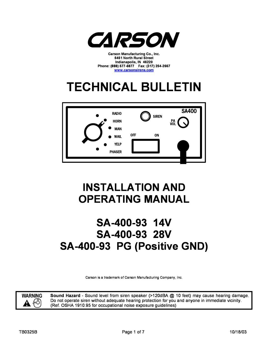 Carson SA-400-93 PG, SA-400-93 14V manual Technical Bulletin, INSTALLATION AND OPERATING MANUAL SA-400-9314V, SA400 