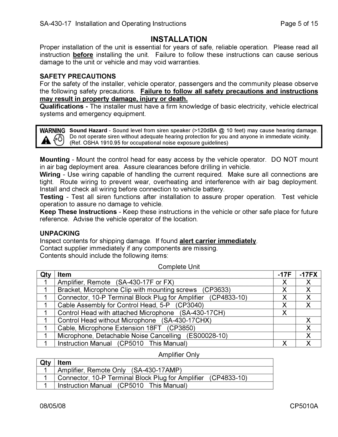 Carson SA-430-17 operating instructions Installation, Safety Precautions, Unpacking, Qty 17F 17FX 