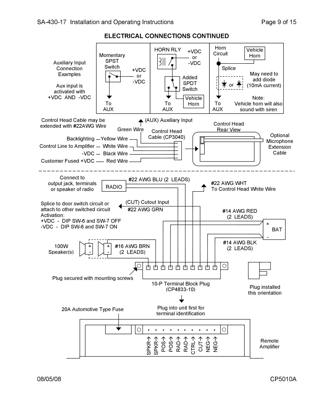 Carson SA-430-17 operating instructions Electrical Connections, #22 AWG WHT 