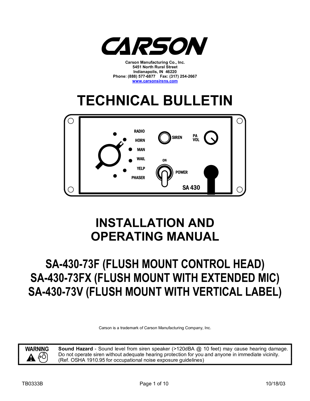 Carson SA-430-73V, SA-430-73FX manual Technical Bulletin 