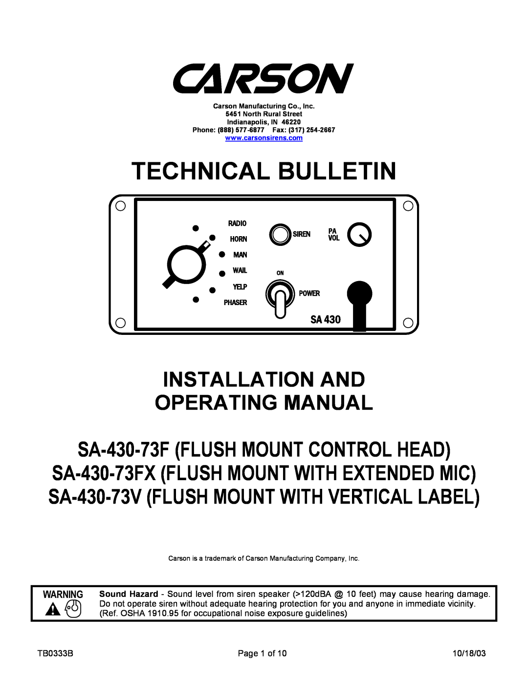 Carson SA-430-73V manual Technical Bulletin, Installation And Operating Manual, SA-430-73FFLUSH MOUNT CONTROL HEAD 