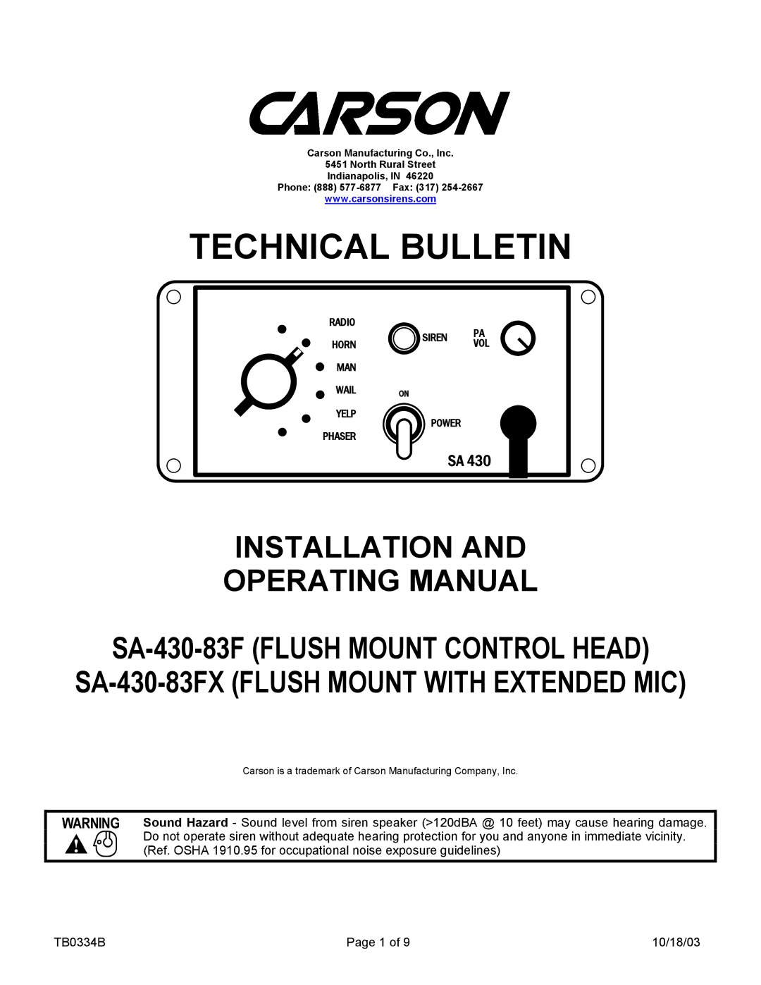 Carson SA-430-83FX manual Technical Bulletin 