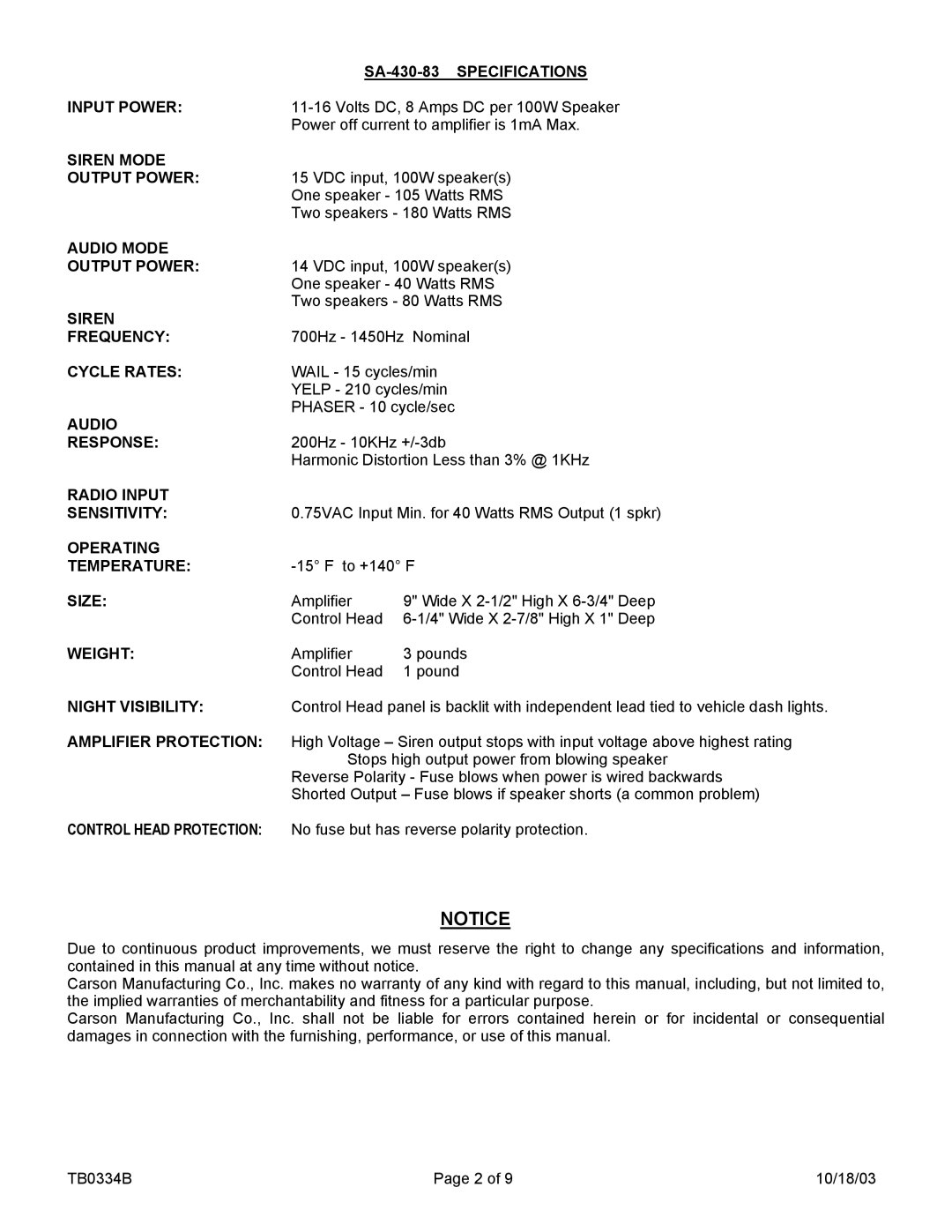 Carson SA-430-83F SA-430-83 Specifications, Input Power, Siren Mode Output Power, Audio Mode Output Power, Frequency, Size 