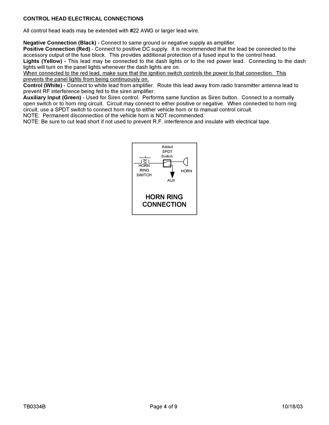 Carson SA-430-83FX manual Horn Ring, Control Head Electrical Connections 