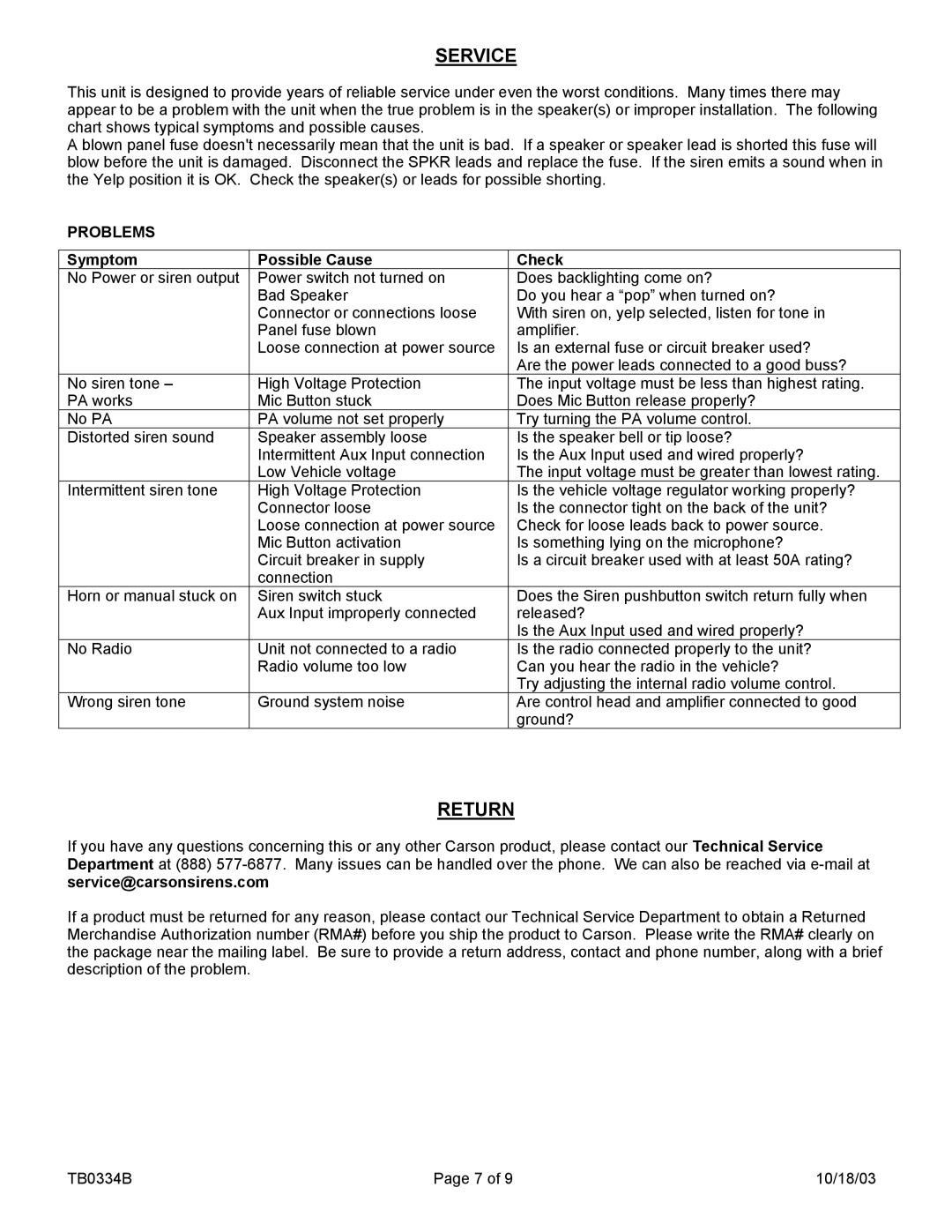 Carson SA-430-83FX manual Service, Return, Problems 