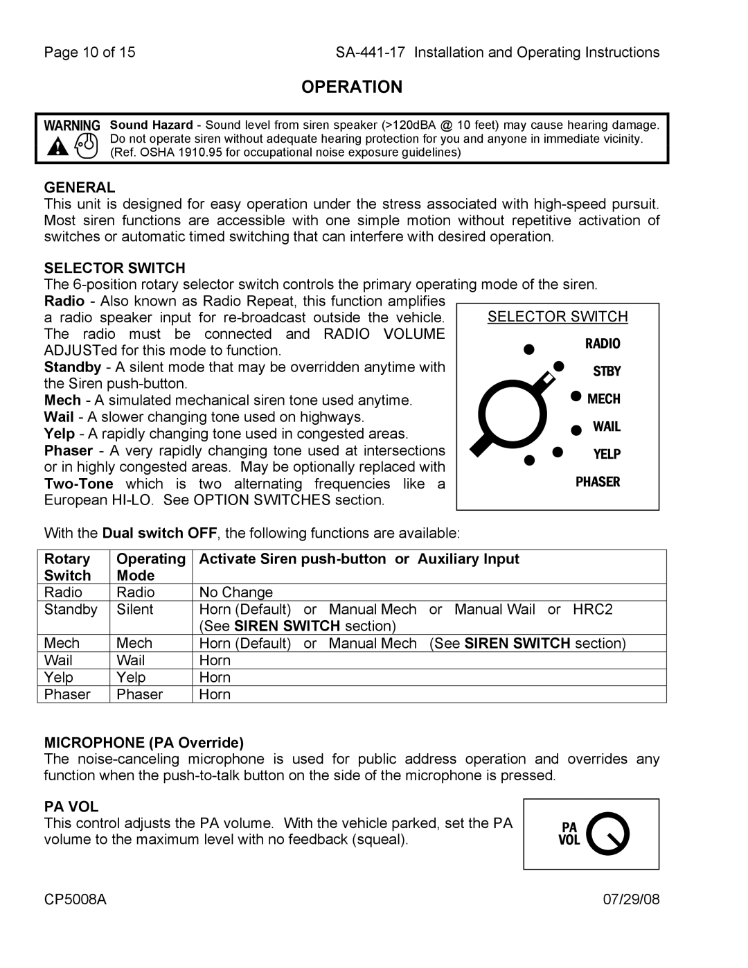 Carson SA-441-17 manual Operation, General, Selector Switch, Microphone PA Override, Pa Vol 