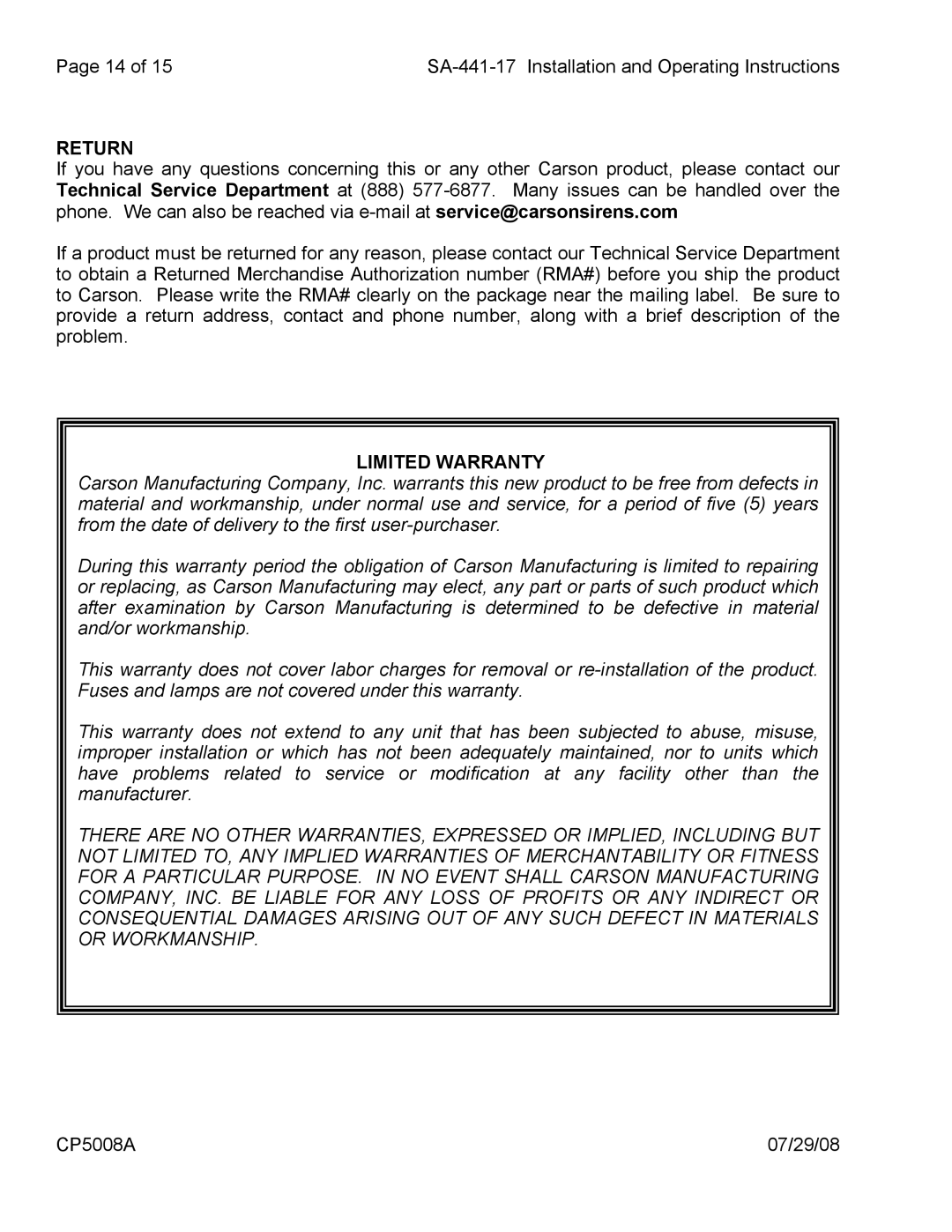 Carson SA-441-17 manual Return, Limited Warranty 