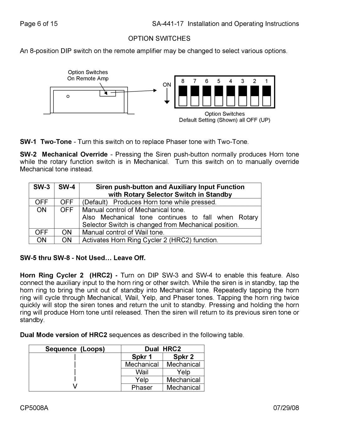 Carson SA-441-17 manual Option Switches, SW-5 thru SW-8 Not Used… Leave Off, Sequence Loops Dual HRC2 Spkr 