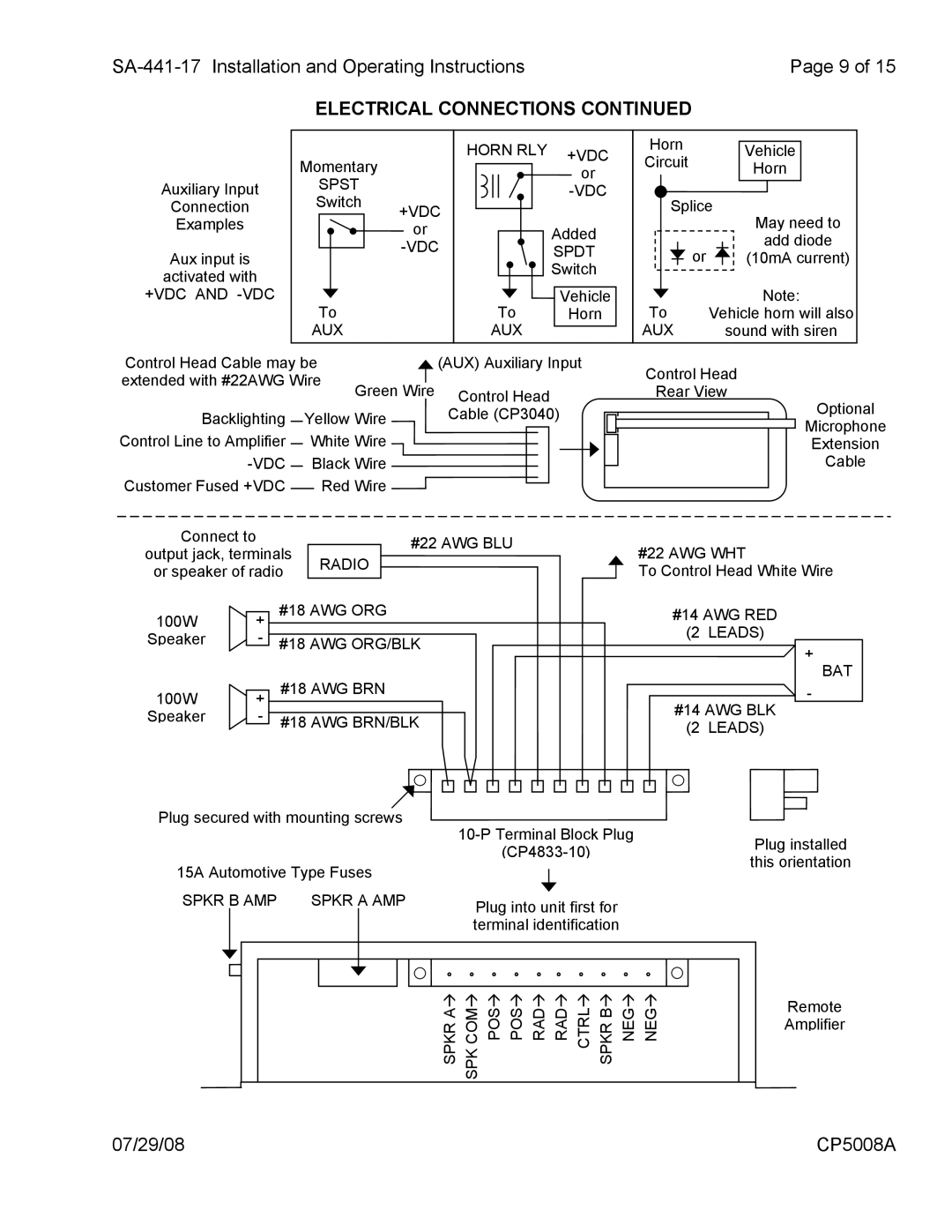 Carson SA-441-17 manual Electrical Connections, Spkr B AMP Spkr a AMP 