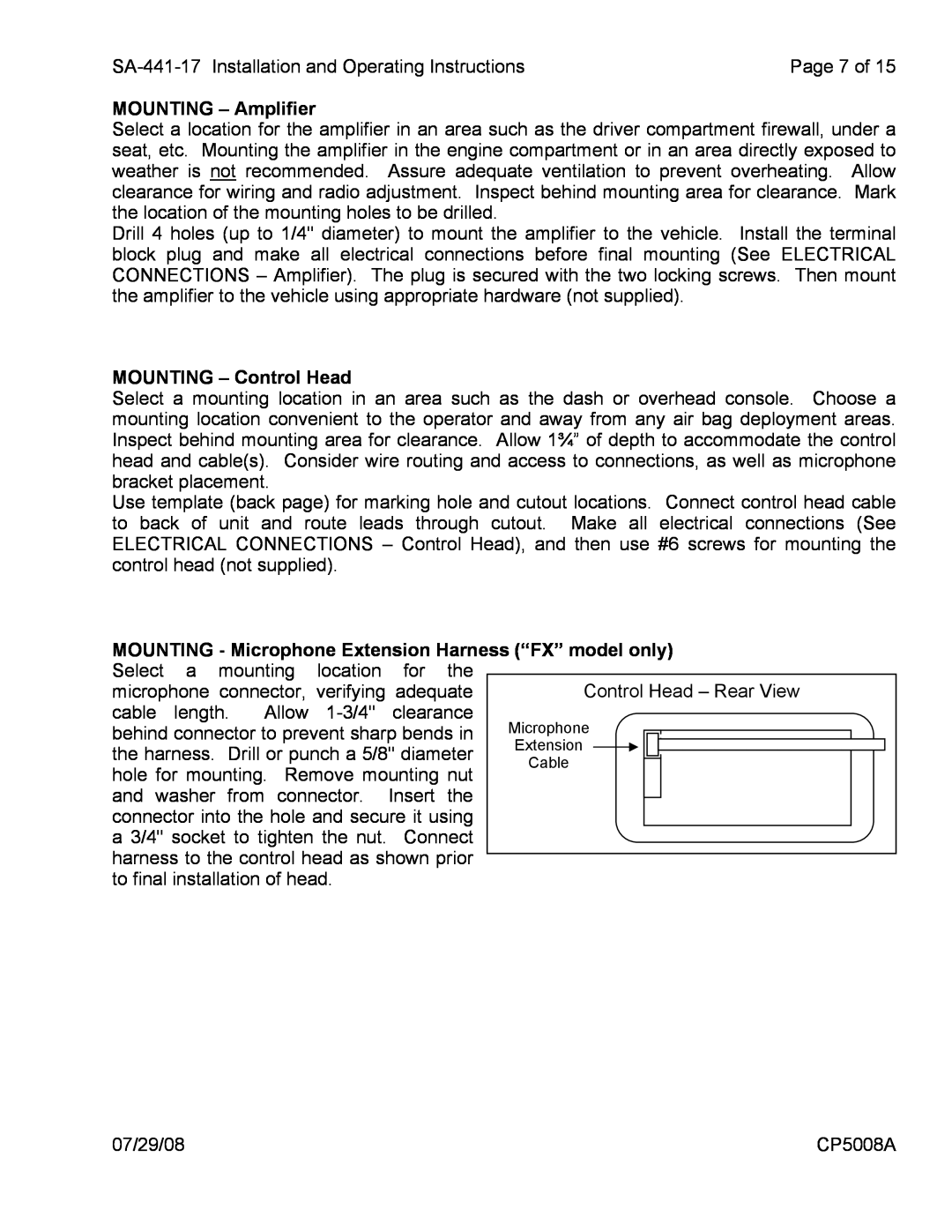 Carson SA-441-17 manual MOUNTING - Amplifier, MOUNTING - Control Head 