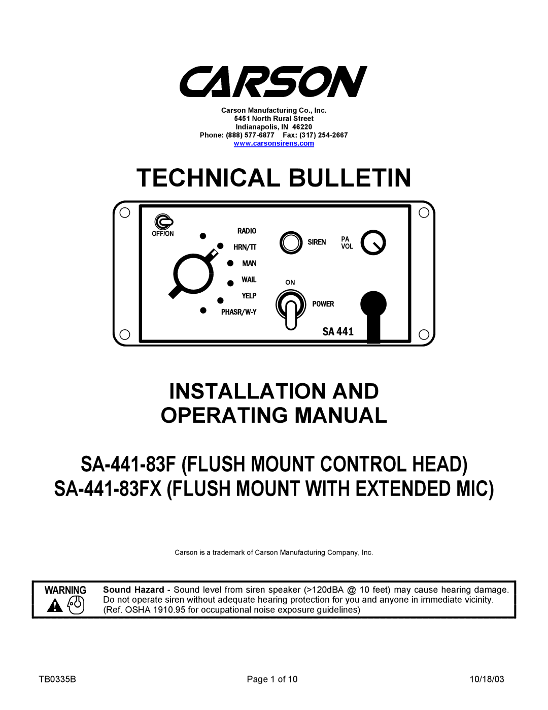 Carson SA-441-83FX, SA-441-83F X manual Technical Bulletin 