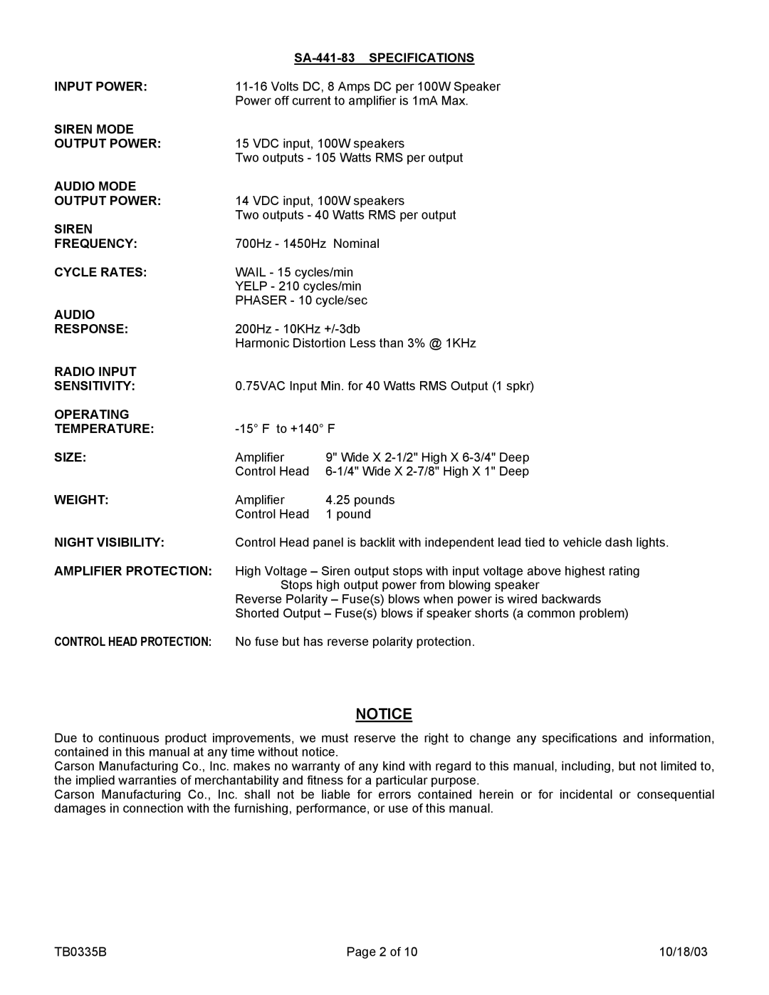 Carson SA-441-83F X SA-441-83 Specifications, Input Power, Siren Mode Output Power, Audio Mode Output Power, Frequency 