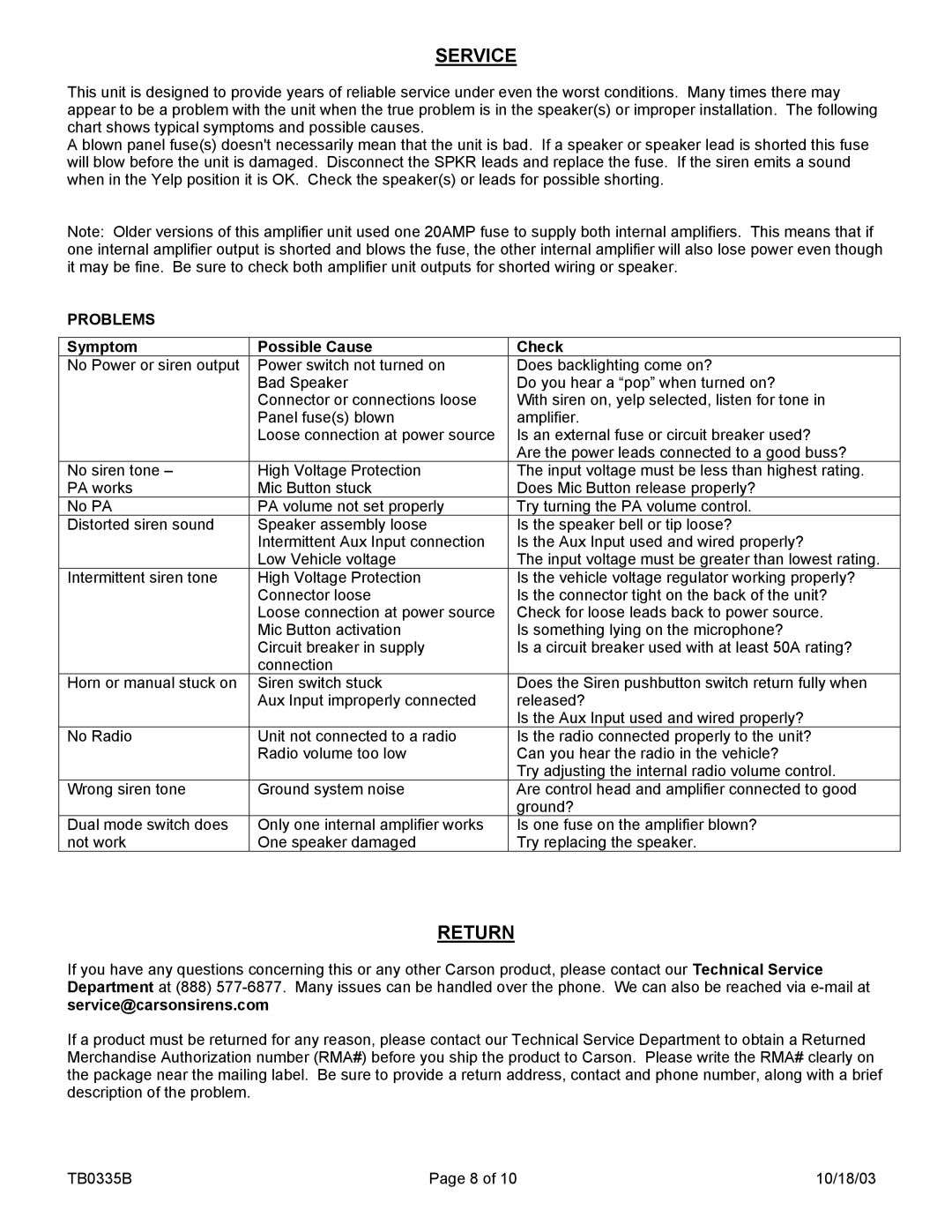 Carson SA-441-83F X, SA-441-83FX manual Service, Return, Problems 