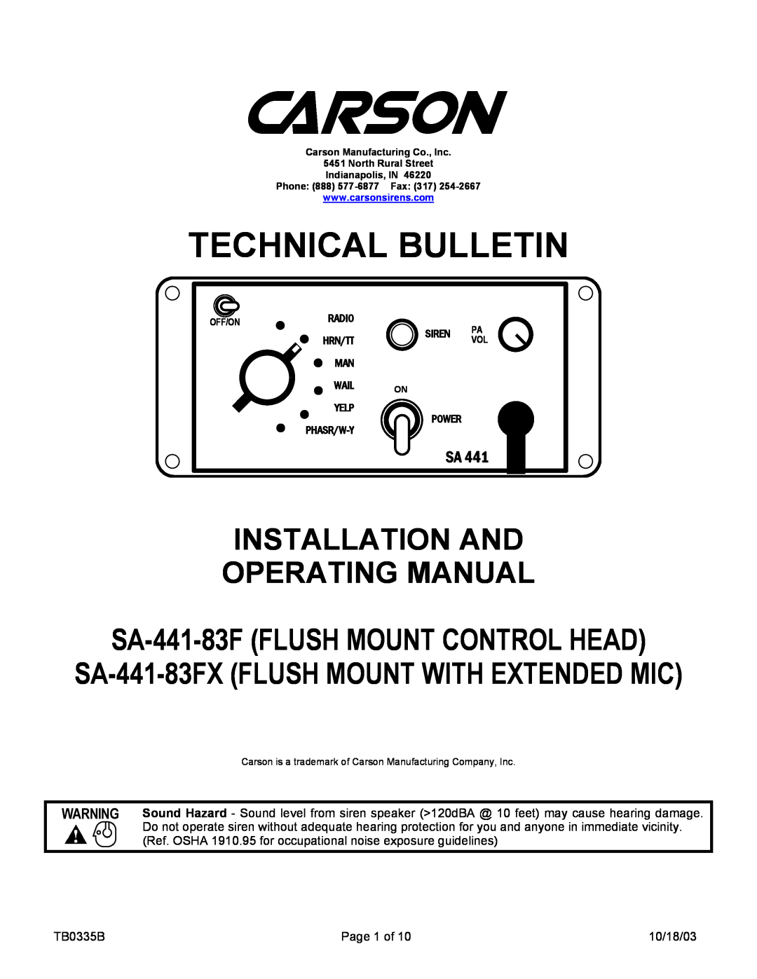 Carson SA-441-83FX manual Technical Bulletin, INSTALLATION AND OPERATING MANUAL SA-441-83F FLUSH MOUNT CONTROL HEAD 