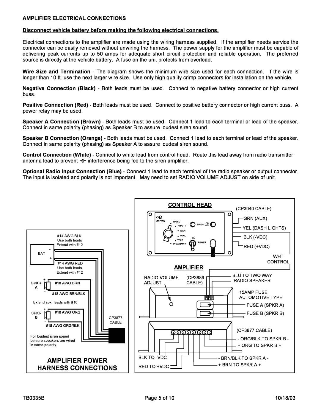 Carson SA-441-83F X, SA-441-83FX manual Amplifier Power Harness Connections, Control Head 
