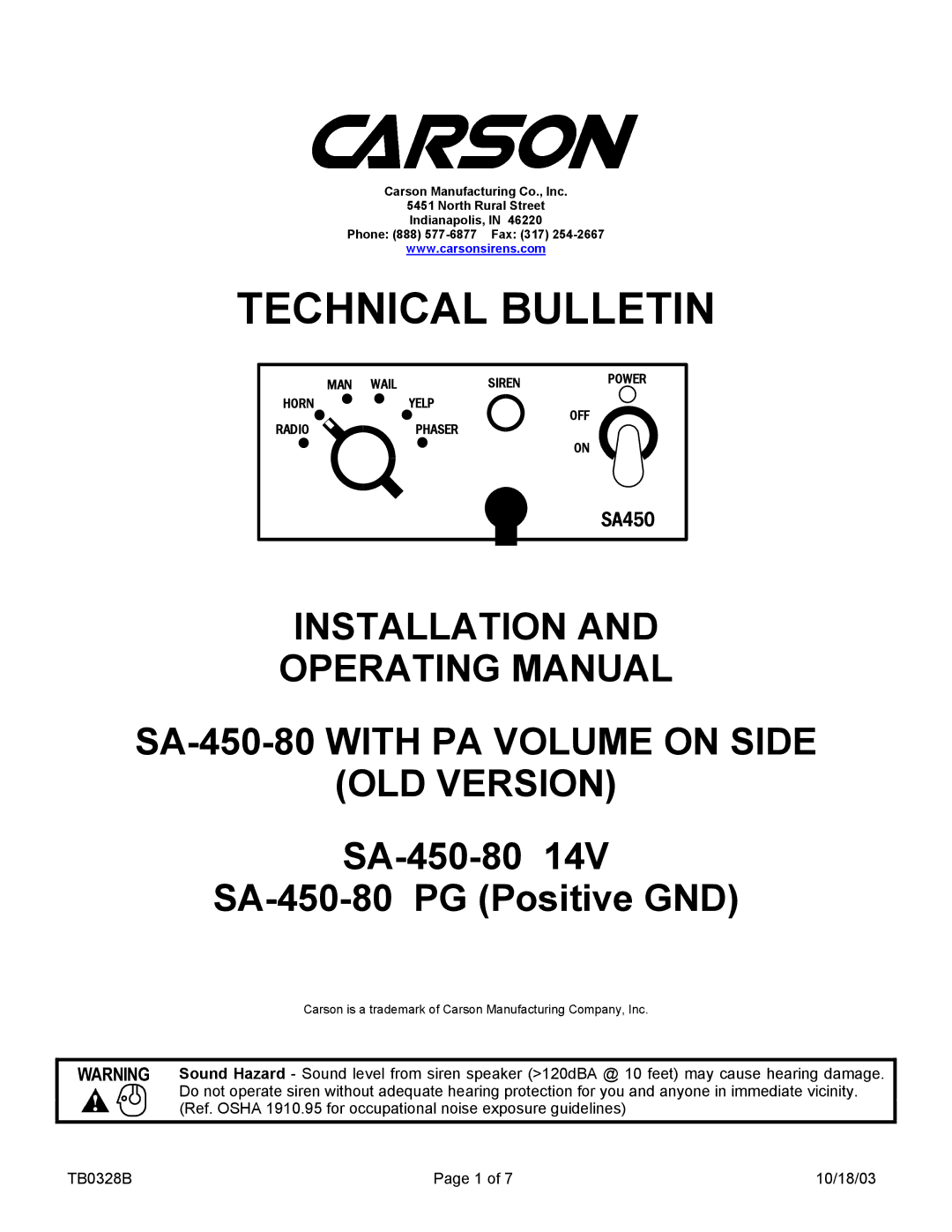 Carson SA-450-80 14V manual Technical Bulletin 