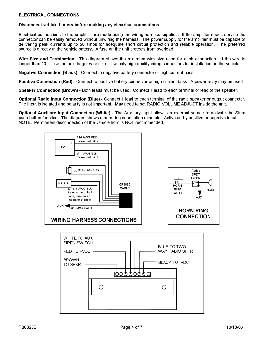 Carson SA-450-80 14V manual Wiring Harness Connections, Electrical Connections 