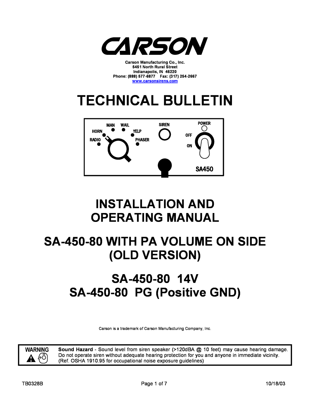 Carson SA-450-80 14V manual SA450, Technical Bulletin, Installation And Operating Manual 