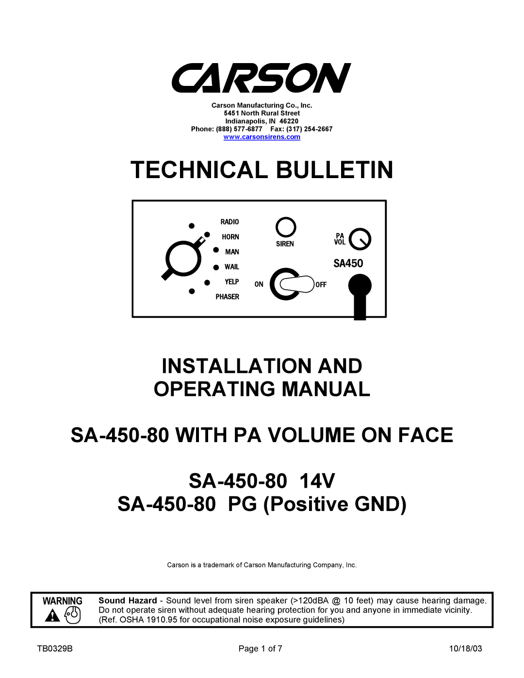 Carson SA-450-80 PG manual Technical Bulletin 