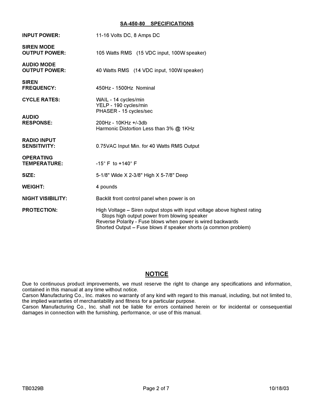 Carson SA-450-80 PG SA-450-80 Specifications, Input Power, Siren Mode Output Power, Audio Mode Output Power, Cycle Rates 
