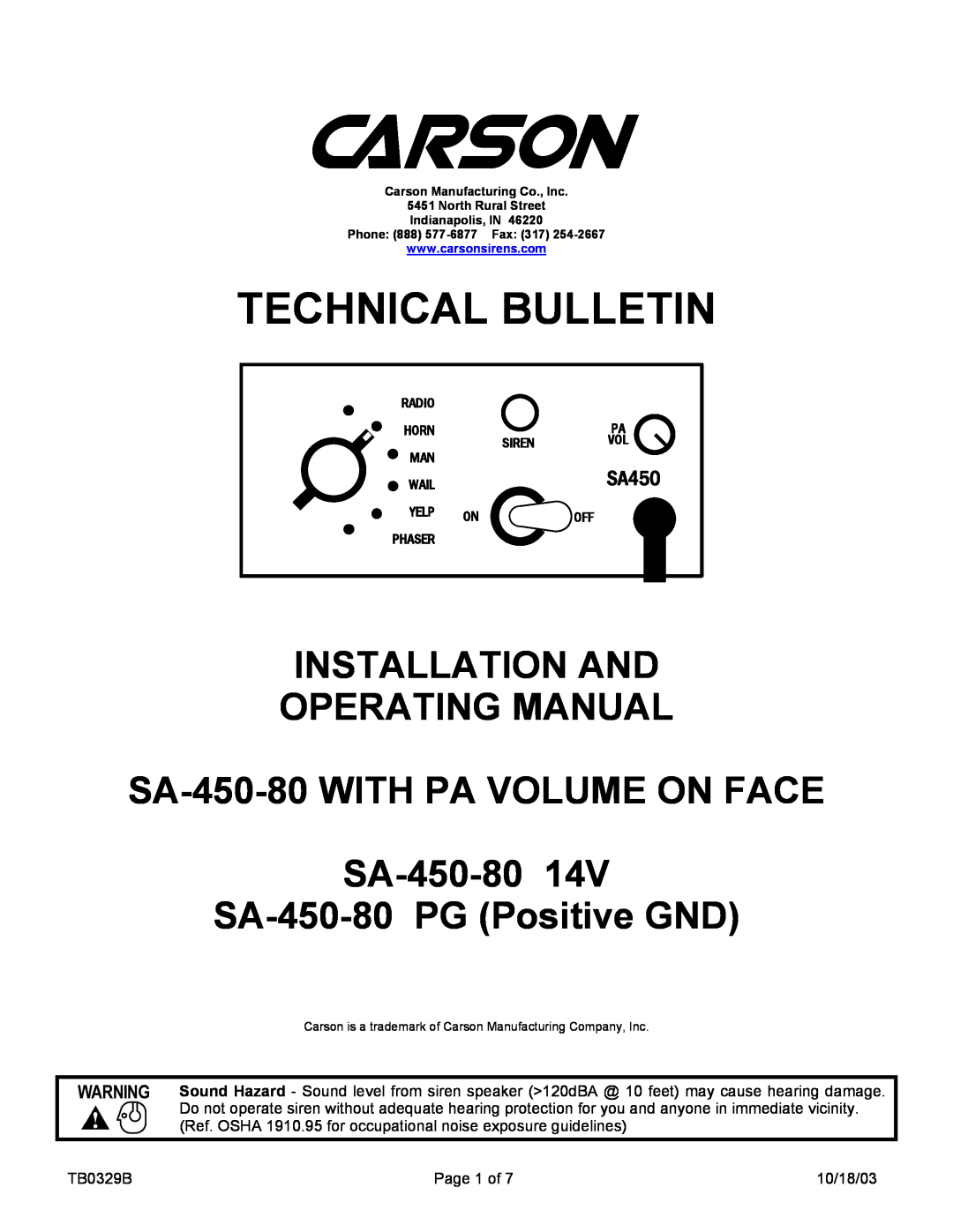 Carson SA-450-80 PG manual SA450, Technical Bulletin, Installation And Operating Manual, SA-450-80PG Positive GND 
