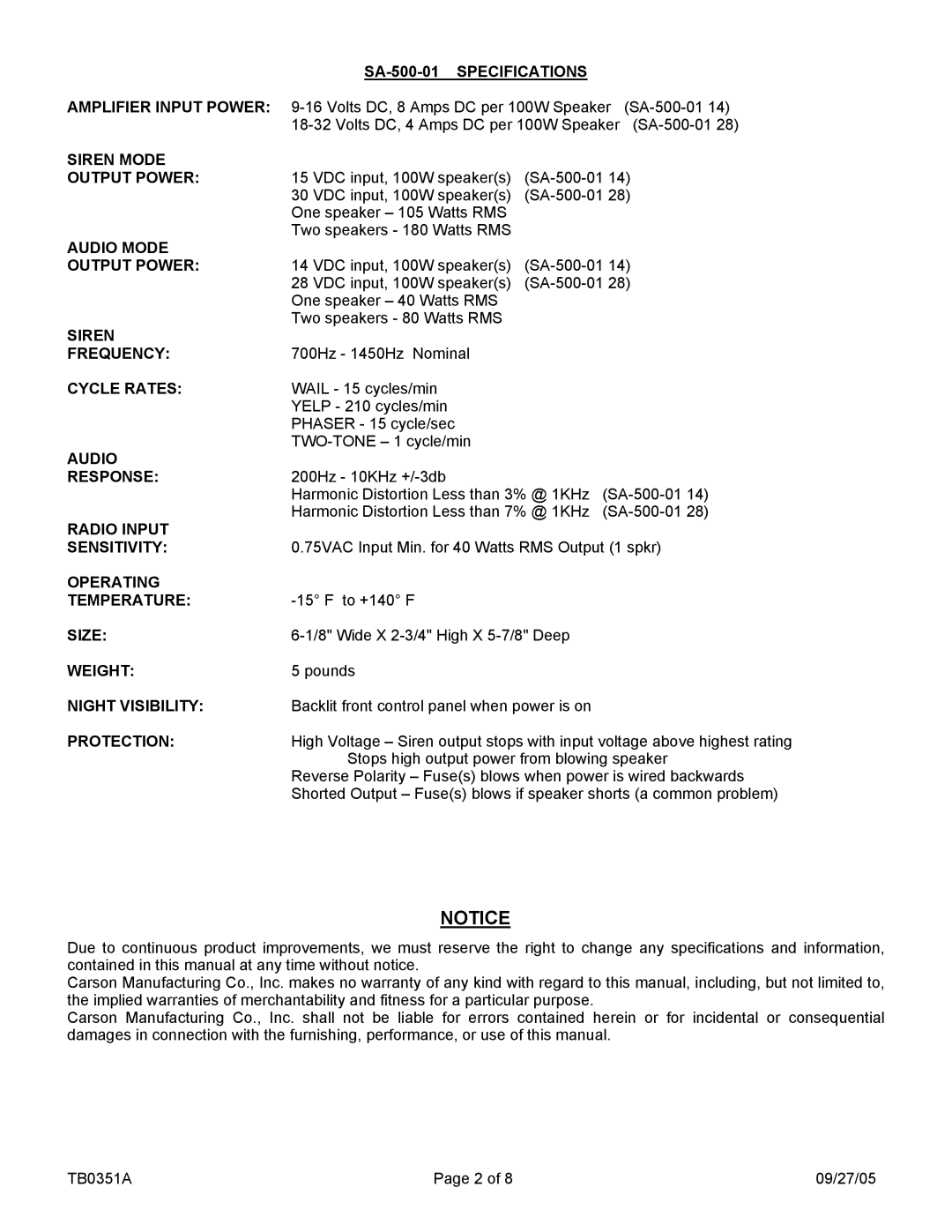 Carson SA-500-01 28V SA-500-01 Specifications Amplifier Input Power, Siren Mode Output Power, Audio Mode, Frequency, Size 