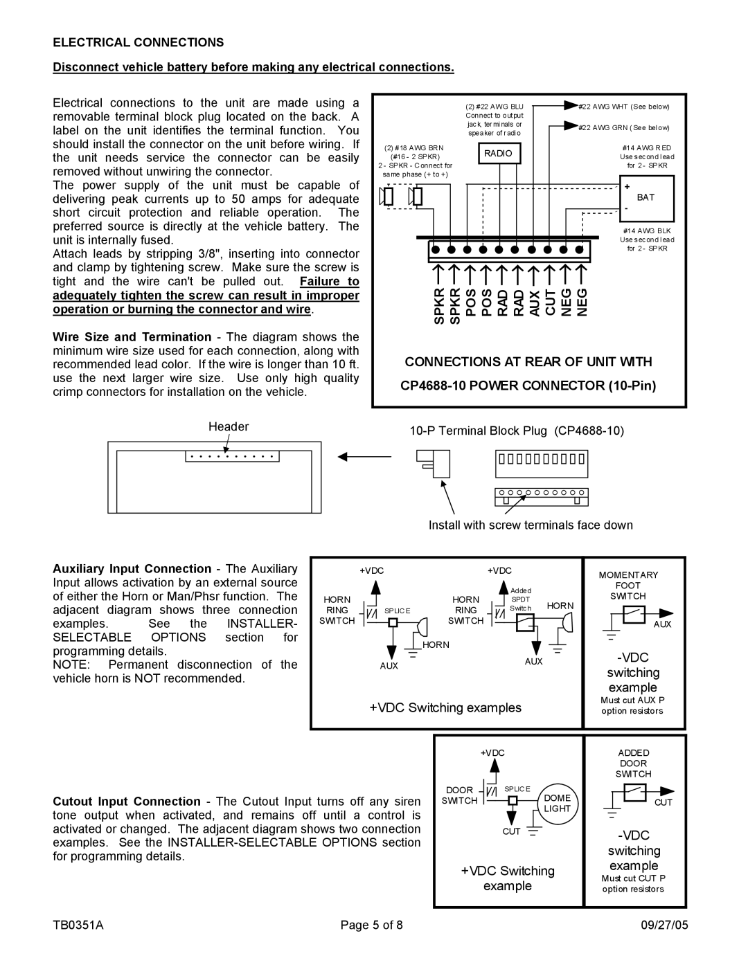 Carson SA-500-01 14V, SA-500-01 28V manual Vdc, Electrical Connections 