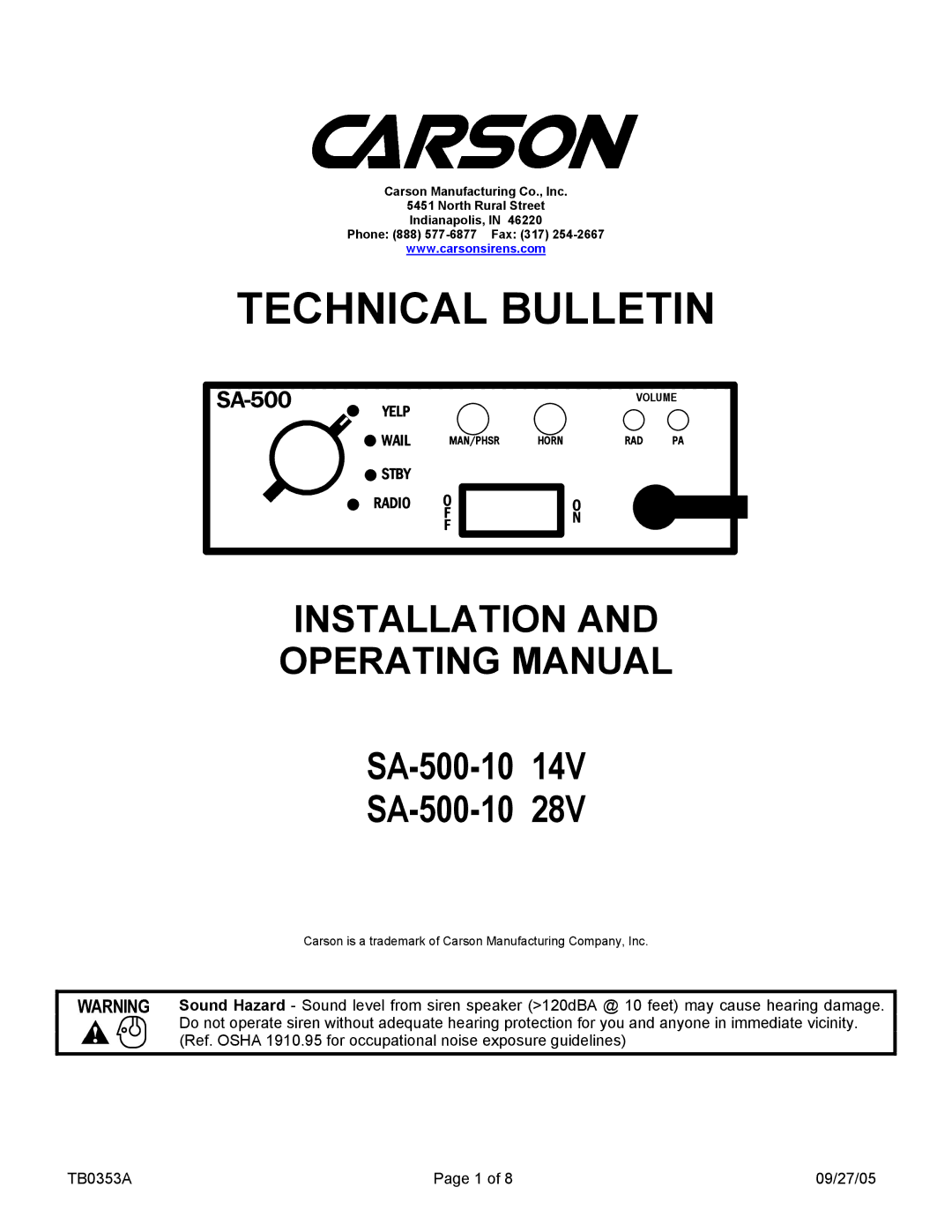 Carson SA-500-10 28V, SA-500-10 14V manual Technical Bulletin 