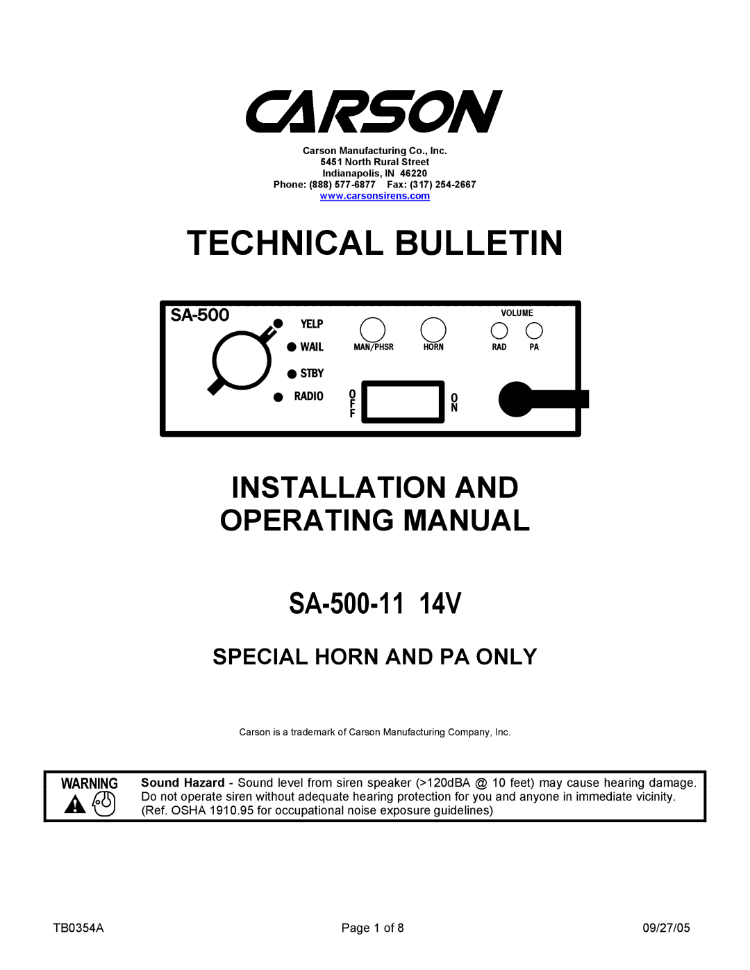 Carson SA-500-11 14V manual Technical Bulletin 