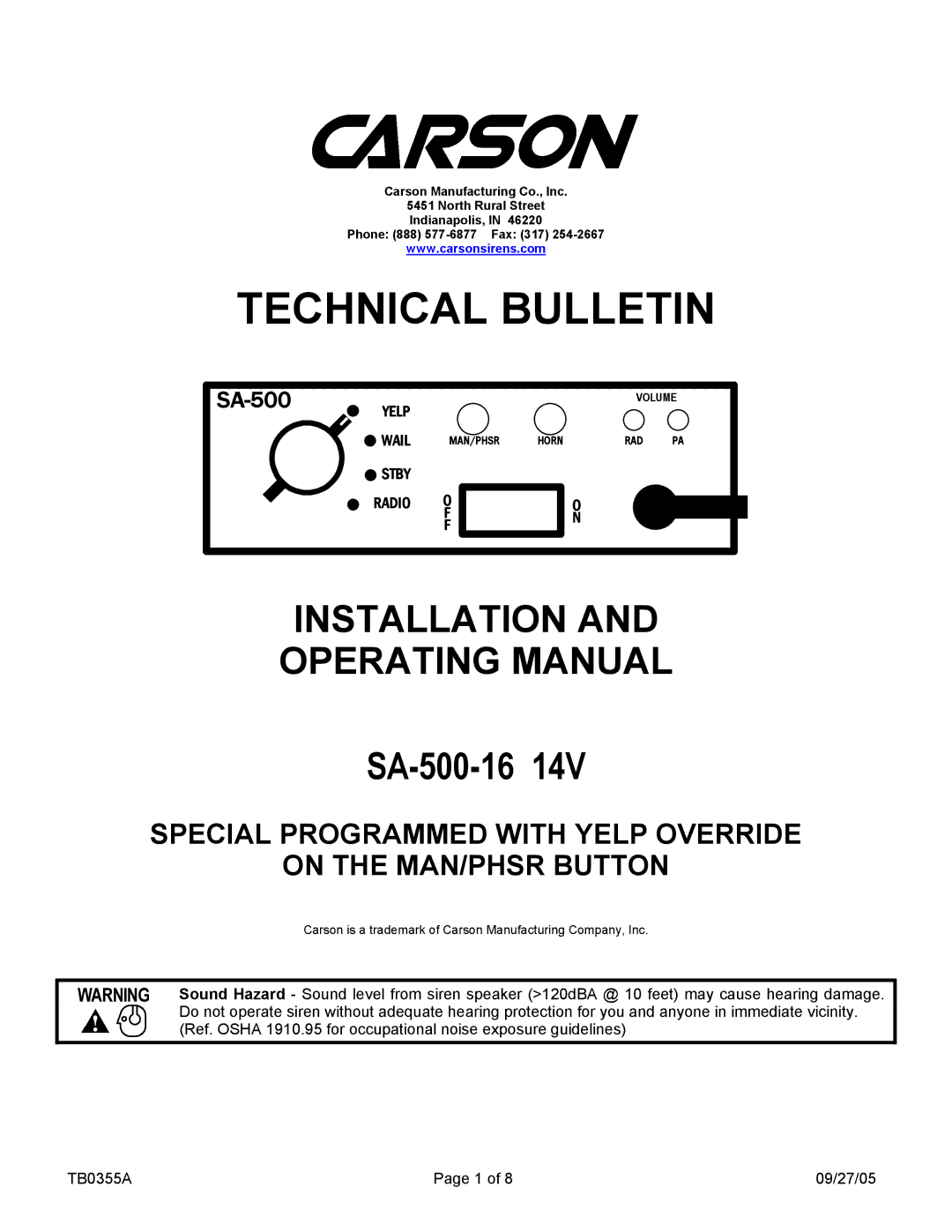 Carson SA-500-16 14V manual Technical Bulletin 