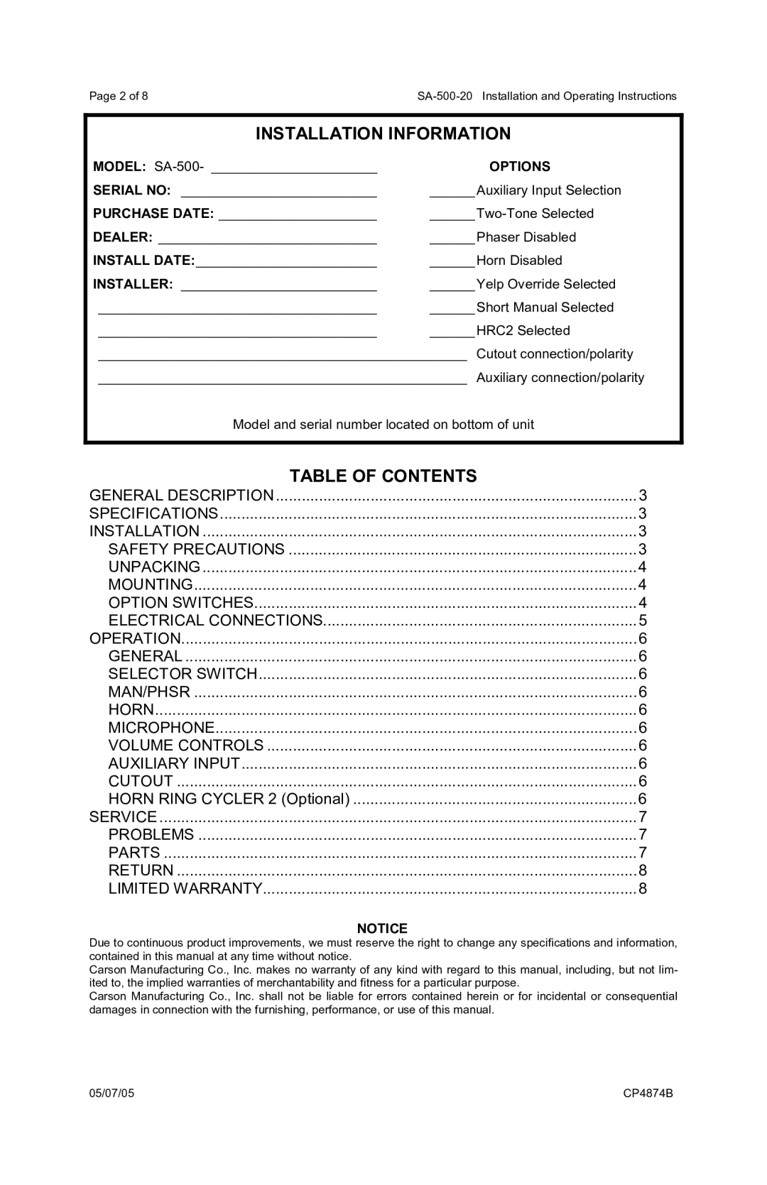 Carson SA-500-20 operating instructions Installation Information, Table of Contents 